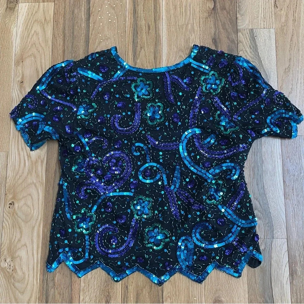 Vintage 80s Laurence Kazar hand-beaded sequin top, size petite Large; 100% silk - Picture 11 of 11